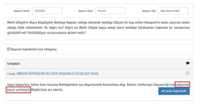 Ankapark’taki 800 milyon dolarlık kamu zararı için AKP’li İ. Melih Gökçek hakkında yapılan şikayete savcılığın takipsizlik kararı verdiği ortaya çıktı.