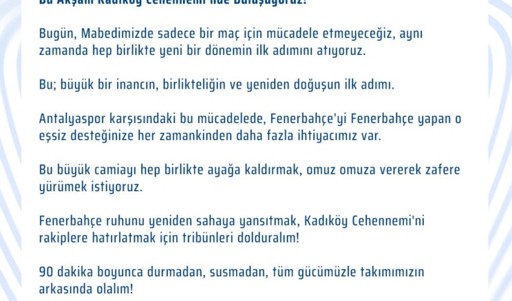 Fenerbahçe’de Yeni Dönem  Sadettin Saran Yönetimi İlk Paylaşım. Kenetleniyoruz, Başlıyoruz!  Bu Akşam Kadıköy Cehennemi’nde Buluşuyoruz! 💛💙