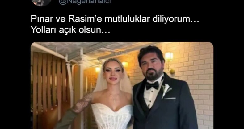 Gazeteci Nagehan Alçı, eski eşi Rasim Ozan Kütahyalı’nın nikâh fotoğrafını tebrik mesajıyla sosyal medya üzerinden paylaştı.  Ancak Alçı’nın seçtiği karede avukat Merve Uçanok’u silerek paylaşması sosyal medyada gündem oldu.