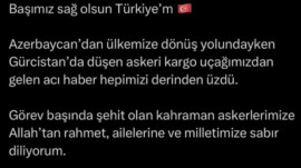 Başımız sağ olsun Türkiye’m 🇹🇷 Azerbaycan’dan ülkemize dönüş yolundayken Gürcistan’da düşen askeri kargo uçağımızdan gelen acı haber hepimizi derinden üzdü. Görev başında şehit olan kahraman askerlerimize Allah’tan rahmet, ailelerine ve milletimize sabır diliyorum. Bu millet, vatan uğruna can veren evlatlarını hiçbir zaman unutmayacaktır.