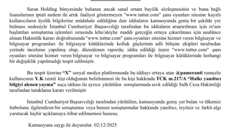Tuttur hakkında “kullanıcı bilgileri değiştiriliyor” iddiasını atan Y.K hakkında tutuklama kararı verildi.