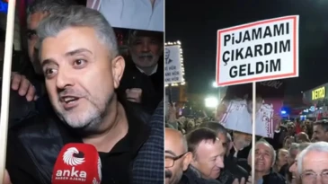 Özgür Özel’in o çağrısı karşılık buldu: ‘Pijamamı çıkardım geldim’ CHP Genel Başkanı Özgür Özel’in, “Pijamalarınızı çıkartıp mitinglere katılın” çağrısı üzerine Güngören’deki mitinge “Pijamamı çıkardım geldim” pankartıyla katılan yurttaş, ilk kez mitinge geldiğini ve Özel’in sözünden etkilendiğini söyledi