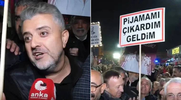 Özgür Özel’in o çağrısı karşılık buldu: ‘Pijamamı çıkardım geldim’ CHP Genel Başkanı Özgür Özel’in, “Pijamalarınızı çıkartıp mitinglere katılın” çağrısı üzerine Güngören’deki mitinge “Pijamamı çıkardım geldim” pankartıyla katılan yurttaş, ilk kez mitinge geldiğini ve Özel’in sözünden etkilendiğini söyledi