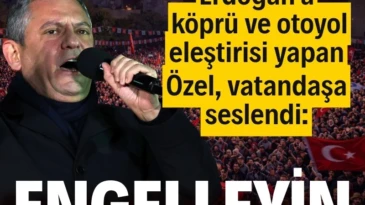 Özgür Özel’den Erdoğan’a köprü ve otoyol eleştirisi CHP’nin “Millet İradesine Sahip Çıkıyor” mitinglerinin 88’incisi İstanbul Adalar’da düzenlendi. Kürsüden kalabalığa hitap eden CHP lideri Özgür Özel iktidarın köprü ve otoyol satış planını gündeme getirdi. Satışı vatana ihanet olarak niteleyen Özel “Duyduk duymadık demeyin, Erdoğan geleceğimizi satıyor. Engelleyin, engelleyin, engelleyin…” diyerek vatandaşa seslendi.