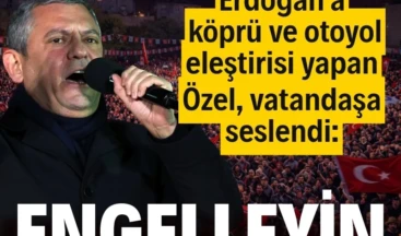 Özgür Özel’den Erdoğan’a köprü ve otoyol eleştirisi CHP’nin “Millet İradesine Sahip Çıkıyor” mitinglerinin 88’incisi İstanbul Adalar’da düzenlendi. Kürsüden kalabalığa hitap eden CHP lideri Özgür Özel iktidarın köprü ve otoyol satış planını gündeme getirdi. Satışı vatana ihanet olarak niteleyen Özel “Duyduk duymadık demeyin, Erdoğan geleceğimizi satıyor. Engelleyin, engelleyin, engelleyin…” diyerek vatandaşa seslendi.