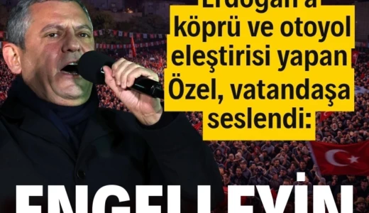 Özgür Özel’den Erdoğan’a köprü ve otoyol eleştirisi CHP’nin “Millet İradesine Sahip Çıkıyor” mitinglerinin 88’incisi İstanbul Adalar’da düzenlendi. Kürsüden kalabalığa hitap eden CHP lideri Özgür Özel iktidarın köprü ve otoyol satış planını gündeme getirdi. Satışı vatana ihanet olarak niteleyen Özel “Duyduk duymadık demeyin, Erdoğan geleceğimizi satıyor. Engelleyin, engelleyin, engelleyin…” diyerek vatandaşa seslendi.