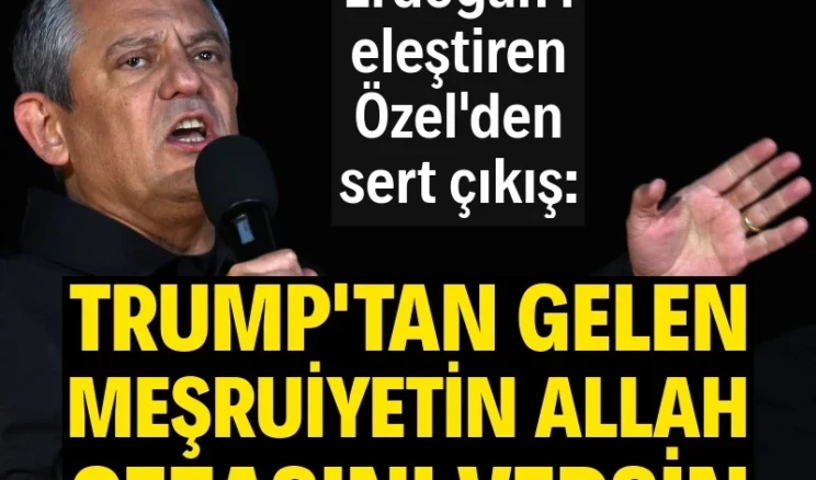 Özgür Özel: Trump’tan gelen meşruiyetin Allah cezasını versin CHP Genel Başkanı Özgür Özel, Pendik mitinginde yaptığı konuşmada “Trump’tan gelen meşruiyetin Allah cezasını versin. Meşruiyet Trump’tan alınmaz, emperyalist Amerika’dan alınmaz. Meydandan alınır, Pendik’ten alınır, sokaktan alınır, sandıktan alınır” dedi.