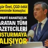 Özgür Özel: AK Parti rahatsızlık yaratan tüm gazetecileri susturmaya çalışıyor CHP Genel Başkanı Özgür Özel, ÇGD 2025 Yılı Başarılı Gazeteciler Ödül Töreni’nde yaptığı konuşmada, 17 gazetecinin halen cezaevlerinde tutuklu bulunduğunu vurgulayarak “Yargı, basın özgürlüğü üzerinde de bir siyasi sopaya dönüşmüş durumda. Yasanın yarattığı olanakla AK Parti yargı kolları, AK Parti aleyhinde rahatsızlık yaratan tüm gazetecileri susturmaya çalışıyor” dedi.
