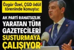 Özgür Özel: AK Parti rahatsızlık yaratan tüm gazetecileri susturmaya çalışıyor CHP Genel Başkanı Özgür Özel, ÇGD 2025 Yılı Başarılı Gazeteciler Ödül Töreni’nde yaptığı konuşmada, 17 gazetecinin halen cezaevlerinde tutuklu bulunduğunu vurgulayarak “Yargı, basın özgürlüğü üzerinde de bir siyasi sopaya dönüşmüş durumda. Yasanın yarattığı olanakla AK Parti yargı kolları, AK Parti aleyhinde rahatsızlık yaratan tüm gazetecileri susturmaya çalışıyor” dedi.