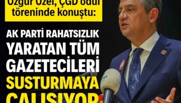 Özgür Özel: AK Parti rahatsızlık yaratan tüm gazetecileri susturmaya çalışıyor CHP Genel Başkanı Özgür Özel, ÇGD 2025 Yılı Başarılı Gazeteciler Ödül Töreni’nde yaptığı konuşmada, 17 gazetecinin halen cezaevlerinde tutuklu bulunduğunu vurgulayarak “Yargı, basın özgürlüğü üzerinde de bir siyasi sopaya dönüşmüş durumda. Yasanın yarattığı olanakla AK Parti yargı kolları, AK Parti aleyhinde rahatsızlık yaratan tüm gazetecileri susturmaya çalışıyor” dedi.