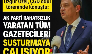 Özgür Özel: AK Parti rahatsızlık yaratan tüm gazetecileri susturmaya çalışıyor CHP Genel Başkanı Özgür Özel, ÇGD 2025 Yılı Başarılı Gazeteciler Ödül Töreni’nde yaptığı konuşmada, 17 gazetecinin halen cezaevlerinde tutuklu bulunduğunu vurgulayarak “Yargı, basın özgürlüğü üzerinde de bir siyasi sopaya dönüşmüş durumda. Yasanın yarattığı olanakla AK Parti yargı kolları, AK Parti aleyhinde rahatsızlık yaratan tüm gazetecileri susturmaya çalışıyor” dedi.