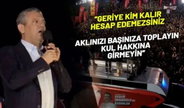 Özgür Özel’den AKP’ye uyarı! “Yarın bunu geçmişe dönük yaparlar” Ataşehir Belediyesi Başkanı Onursal Adıgüzel’in gözaltına alınmasına tepki göstermek için gerçekleştirilen mitingde konuşan CHP Genel Başkanı Özgür Özel, “Onursal’a yöneltilen bir suçlama yok. Yarın buna geçmişe dönük yaparlar. Yapılan iş çok kötü bir yolu açmaktır. 23 yıllık iktidarın sonunda bu yolu açıp da giderse birileri, bu yoldan kim geçer geriye kim kalır, hesap edemezsiniz. Onun için aklınızı başınıza toplayın. Kul hakkına girmeyin” diye konuştu.