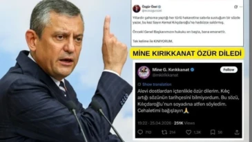 Özgür Özel’in kınadığı yazar Kırıkkanat özür diledi CHP Genel Başkanı Özgür Özel, yazar Mine Kırıkkanat’ın, ‘Kemal Kılıçdaroğlu’ yorumunu isim vermeden kınadı. Kırıkkanat özür diledi.