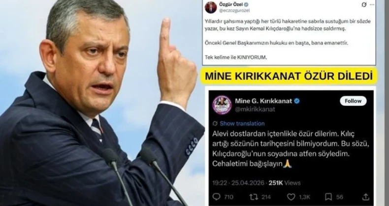 Özgür Özel’in kınadığı yazar Kırıkkanat özür diledi CHP Genel Başkanı Özgür Özel, yazar Mine Kırıkkanat’ın, ‘Kemal Kılıçdaroğlu’ yorumunu isim vermeden kınadı. Kırıkkanat özür diledi.