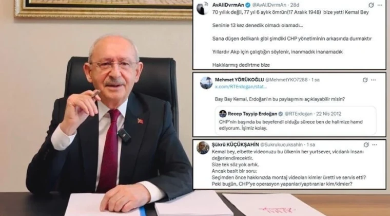 ‘Arınma’ çağrısı yapan Kılıçdaroğlu’na tepki yağdı CHP’ye yönelik operasyonlar için partiye ‘arınma’ çağrısında bulunan Kemal Kılıçdaroğlu’nun video paylaşımına kısa sürede binlerce tepki geldi.