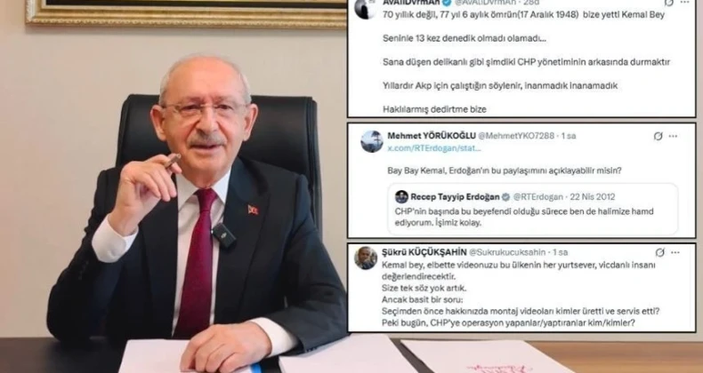 ‘Arınma’ çağrısı yapan Kılıçdaroğlu’na tepki yağdı CHP’ye yönelik operasyonlar için partiye ‘arınma’ çağrısında bulunan Kemal Kılıçdaroğlu’nun video paylaşımına kısa sürede binlerce tepki geldi.