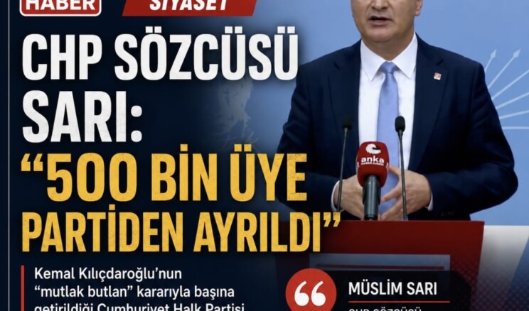 CHP Sözcüsü Sarı: “500 bin üye partiden ayrıldı” Kemal Kılıçadaroğlu’nun “mutlak butlan” kararıyla başına getirildiği Cumhuriyet Halk Partisi Sözcüsü Müslim Sarı MYK toplantısı sonrasında yaptığı açıklamada partiden istifa eden üye sayısının “500 bin olduğunu” söyledi.