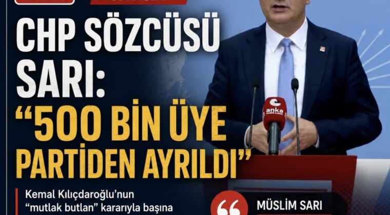 CHP Sözcüsü Sarı: “500 bin üye partiden ayrıldı” Kemal Kılıçadaroğlu’nun “mutlak butlan” kararıyla başına getirildiği Cumhuriyet Halk Partisi Sözcüsü Müslim Sarı MYK toplantısı sonrasında yaptığı açıklamada partiden istifa eden üye sayısının “500 bin olduğunu” söyledi.