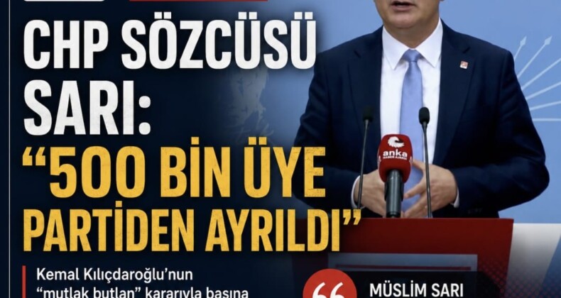CHP Sözcüsü Sarı: “500 bin üye partiden ayrıldı” Kemal Kılıçadaroğlu’nun “mutlak butlan” kararıyla başına getirildiği Cumhuriyet Halk Partisi Sözcüsü Müslim Sarı MYK toplantısı sonrasında yaptığı açıklamada partiden istifa eden üye sayısının “500 bin olduğunu” söyledi.
