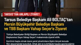 Tarsus Belediye Başkanı Ali BOLTAÇ’tan Mersin Büyükşehir Belediye Başkanı Ve TBB Başkanı Vahap Seçeri Ziyaret Etti Yapılan Paylaşımda;  Türkiye Belediyeler Birliği Başkanı ve Mersin Büyükşehir Belediye Başkanımız Sayın Vahap Seçer’i makamında ziyaret ettik.  Kentimiz başta olmak üzere yerel yönetimlere ilişkin birçok konuda fikir alışverişinde bulunduk. Ortak akıl ve iş birliğiyle hayata geçireceğimiz çalışmalar üzerine verimli bir görüşme gerçekleştirdik.  Nazik ev sahipliği ve kıymetli değerlendirmeleri için Başkanımız Sayın Vahap Seçer’e teşekkür ediyorum.  Vahap Seçer