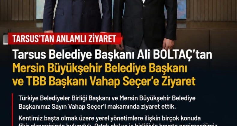 Tarsus Belediye Başkanı Ali BOLTAÇ’tan Mersin Büyükşehir Belediye Başkanı Ve TBB Başkanı Vahap Seçeri Ziyaret Etti Yapılan Paylaşımda; Türkiye Belediyeler Birliği Başkanı ve Mersin Büyükşehir Belediye Başkanımız Sayın Vahap Seçer’i makamında ziyaret ettik. Kentimiz başta olmak üzere yerel yönetimlere ilişkin birçok konuda fikir alışverişinde bulunduk. Ortak akıl ve iş birliğiyle hayata geçireceğimiz çalışmalar üzerine verimli bir görüşme gerçekleştirdik. Nazik ev sahipliği ve kıymetli değerlendirmeleri için Başkanımız Sayın Vahap Seçer’e teşekkür ediyorum. Vahap Seçer